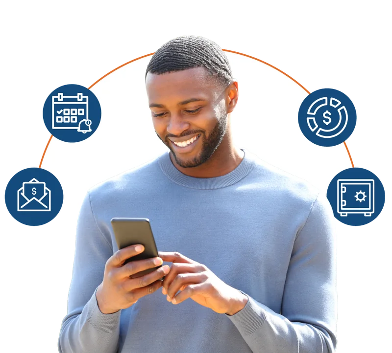 Resident smiling at a phone, surrounded by icons for payment reminders, bills, spending and security.